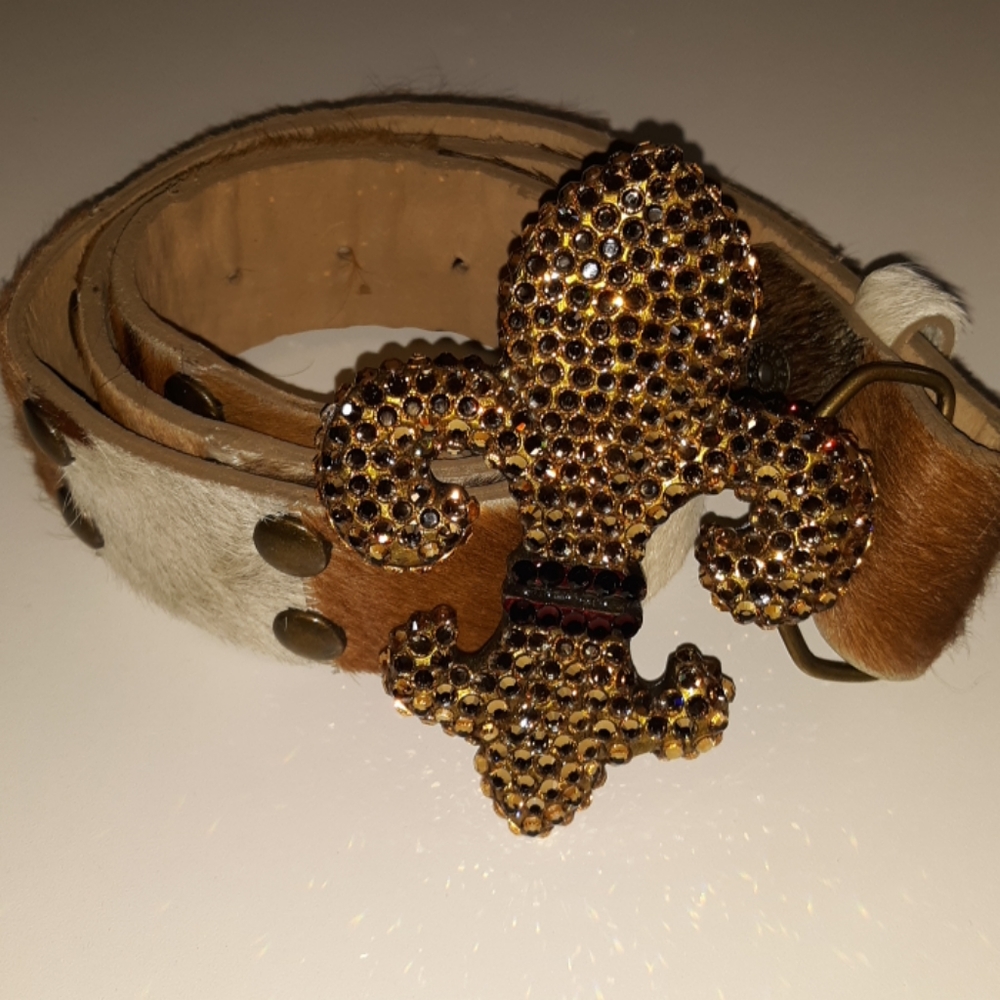 Bridget Shuster cowhide belt rhinestone buckle